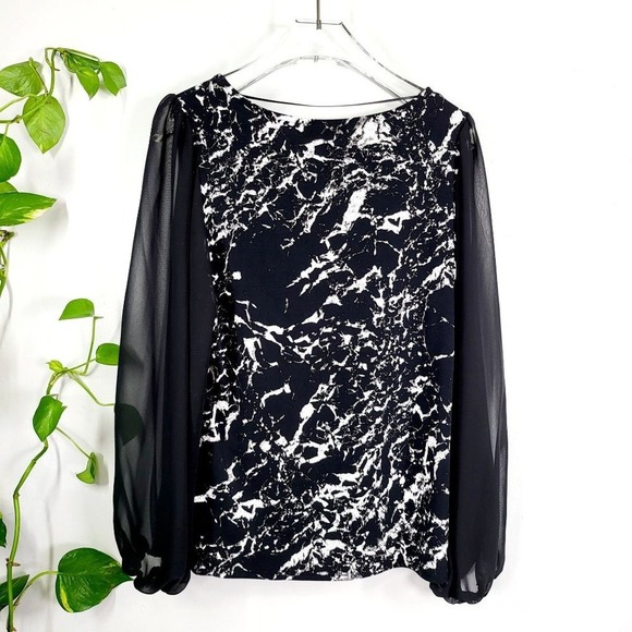VINCE CAMUTO Marble Blouse SMALL Black White Sheer Stretch Whimsigoth Party Y2K - Picture 2 of 6